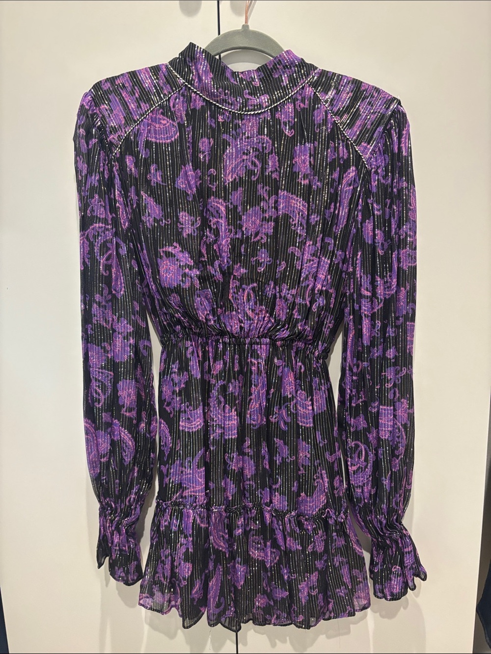 HEMANT & NANDITA Black and Purple Floral Pintuck Long-Sleeve Dress